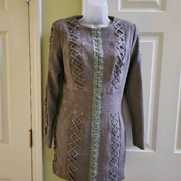 House of CB London Gray Suede Mini Tomasaa Lace-Up Dress Size Small - Picture 4 of 14
